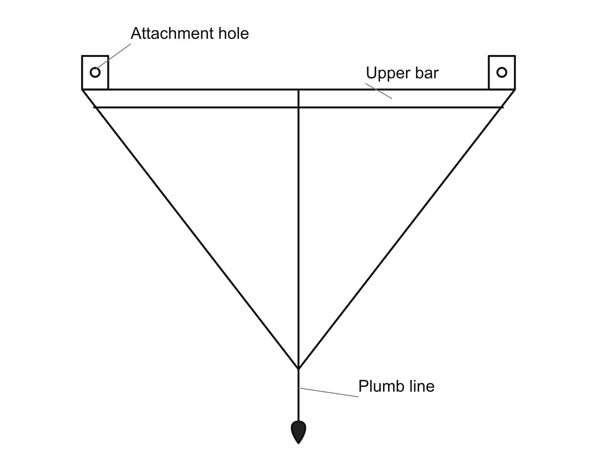 Triangular frame with two pierced end lugs, an upper bar, and a central plumb line continuing below the lower vertex.