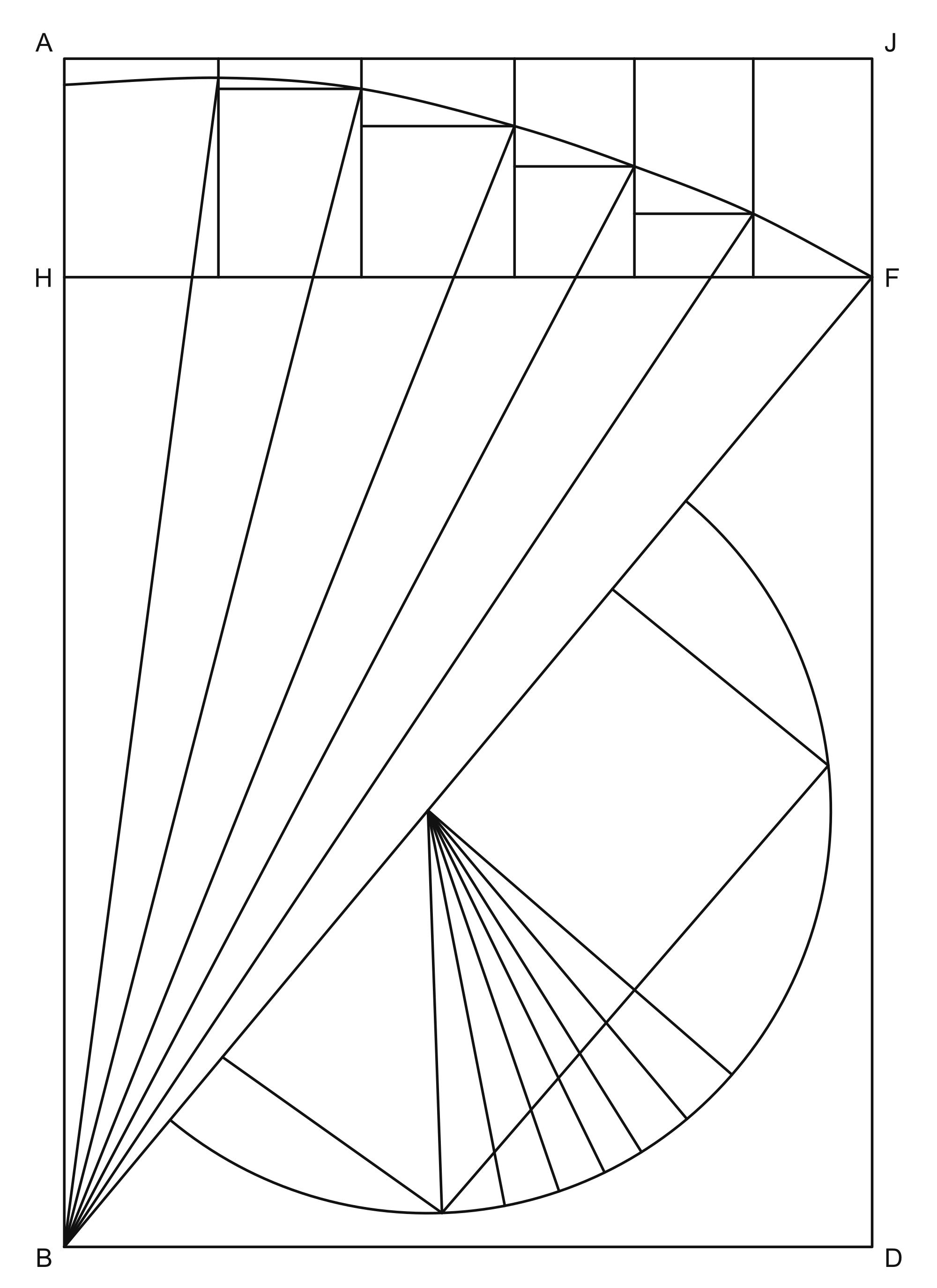 Large rectangular calibration construction with six secure point letters, a large fan and upper arc, and a smaller fan along its diagonal.