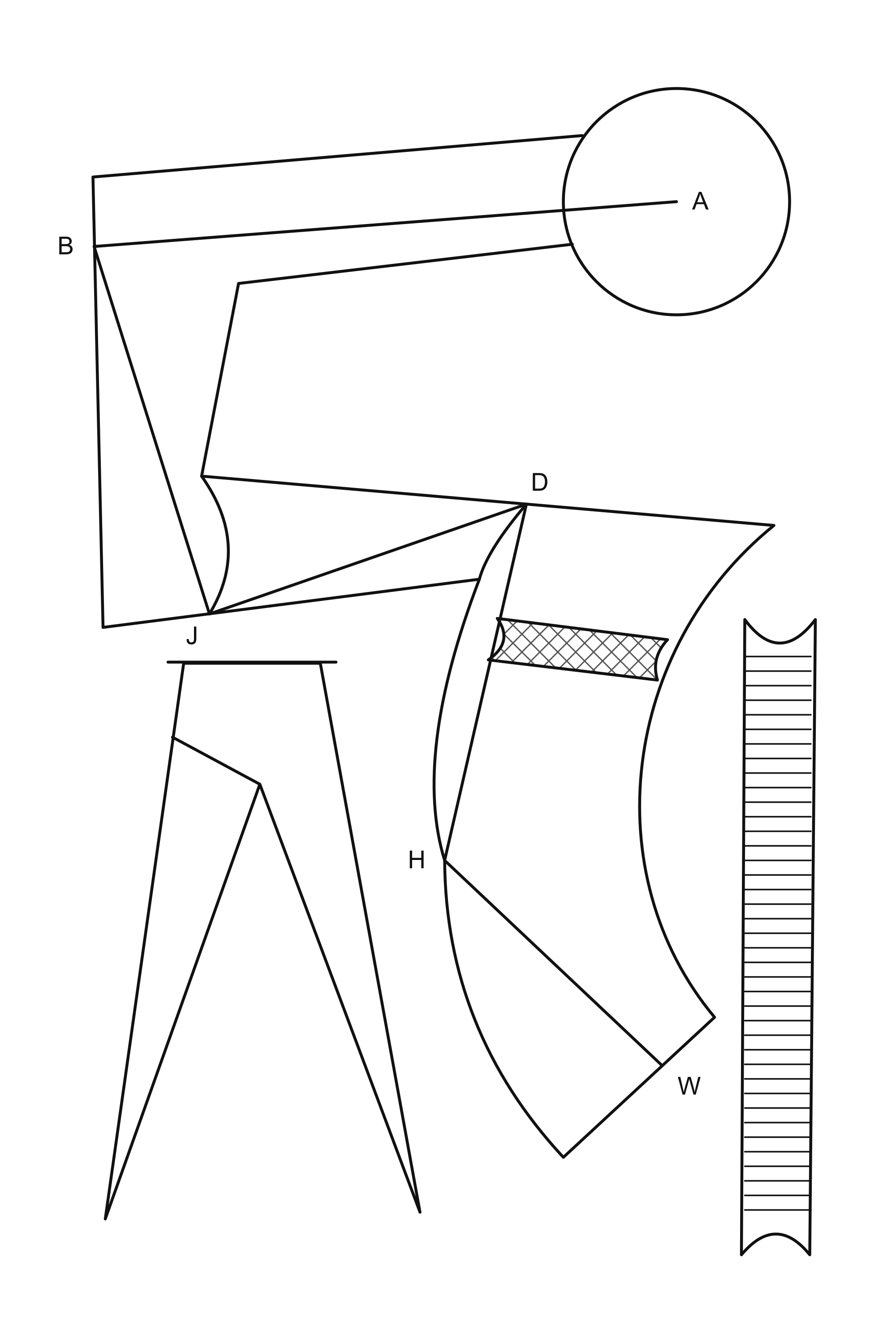 Bent gallery with six labeled survey stations from the shaft center to the final endpoint, a crosspiece, divider and graduated rule.